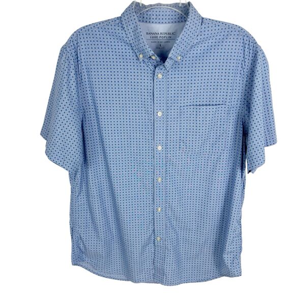 Banana Republic Luxe Poplin Slim Fit Blue Print Short Sleeve Button Down Shirt - Picture 1 of 8